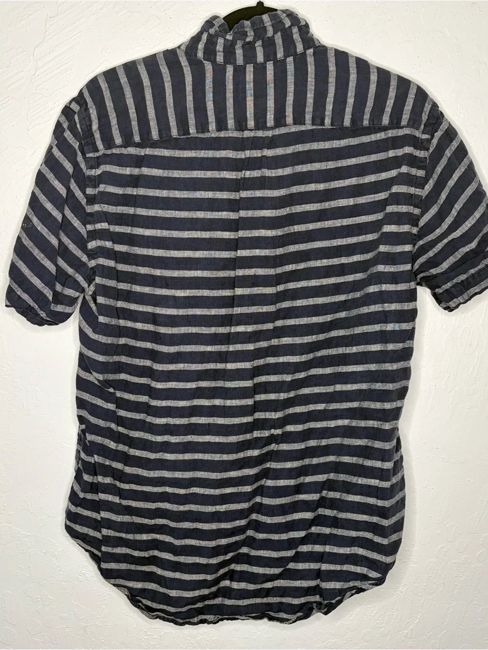 J. Crew Mens Large 100% Linen Shirt Navy Striped Classic Button Short Sleeve